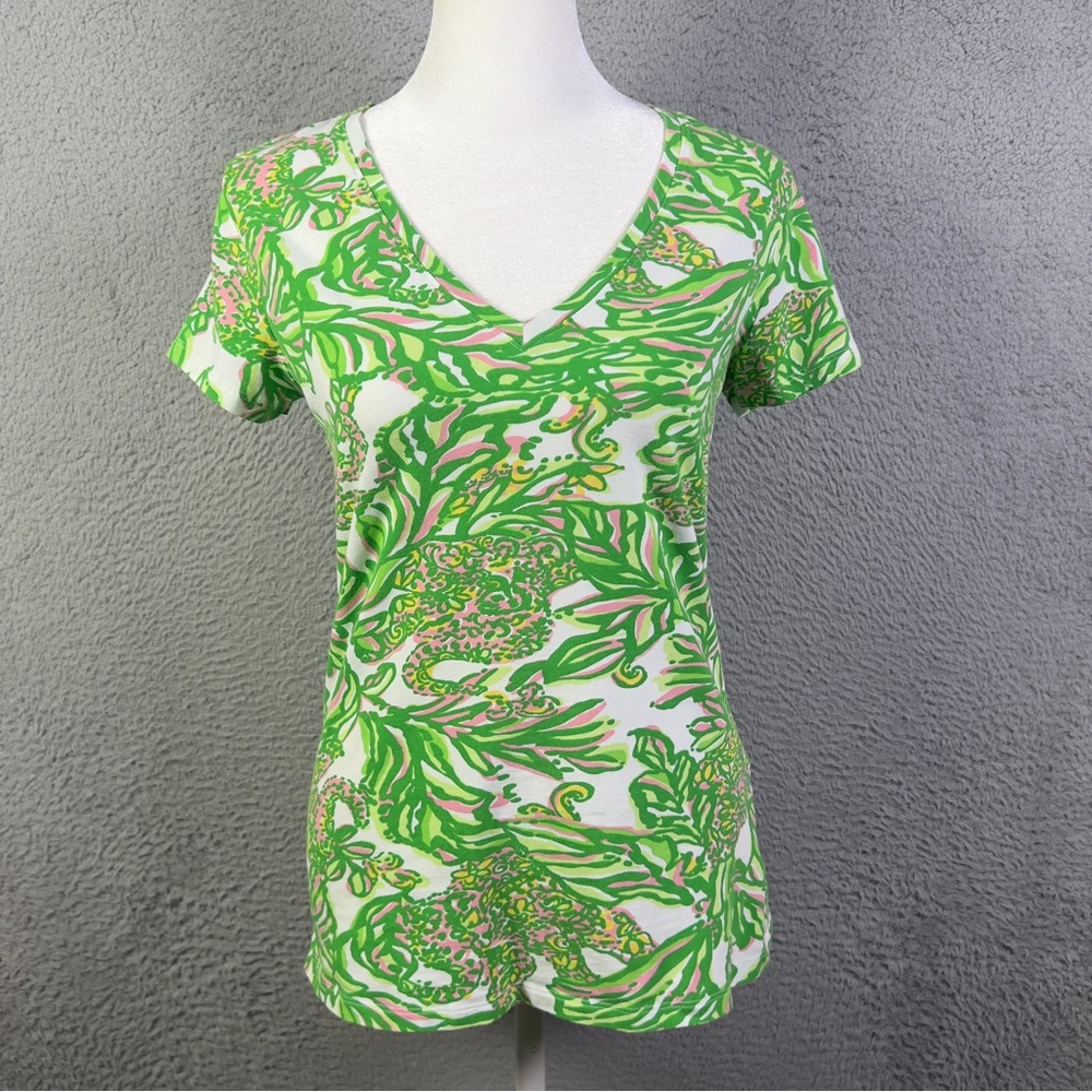 Lilly Pulitzer Michele Top Women Small Green Colorful V Neck Short Sleeve Preppy